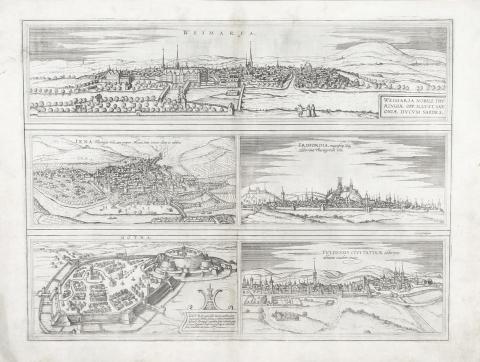 Braun, Georg - Hogenberg, Frans: Weimaria, Iena, Erdfordia, Gotha, Fuldensis Civitatis [Weimar, Jéna, Erfurt, Gotha, Fulda] 1575 Cologne [Köln] 