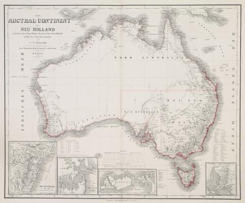 Kiepert, Heinrich: Das Austral-Continent oder Neu Holland nach Krusentern, King, Flinders, Freycinet, Oxey, Sturt, Mitchell in Mercator's Projection entworfen von C.F. Weiland und Eyre, Frome, Grey, Stokes, Leichardt, und Strzeliecki . . . 1858 1858 Weimar 