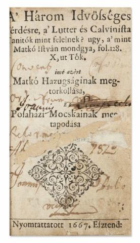 Sámbár Mátyás: A’ három idvösséges kérdésre, a’ Lutter és Calvinista tanitók mint felelnek? Ugy, a’mint Matkó István mondgya, fol. 128. X, ut Tök. Imé azért Matkó hazugságinak megtorkollása es Posaházi mocskainak magtapodása. 1667 Kassa 