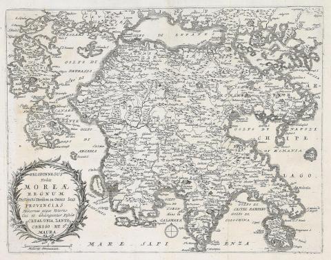M., Merian: Peloponnesus Hodie Moreae Regnum Distincte Divisum in Omnes suas Provincias  1691 