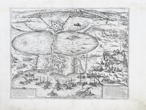 Braun, Georg - Hogenberg, Frans: Tunes Urbs - Tunetis Urbis, ac Novae Eius Arcis, et Guletae, quae Philippo Hispan Regi Parent ... 1572 Cologne [Köln] 