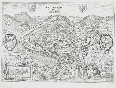 Braun, Georg - Hogenberg, Frans: Vesontio Sequanorum Gallis Bensan son Germanis Byzantz  1572 Cologne [Köln] 