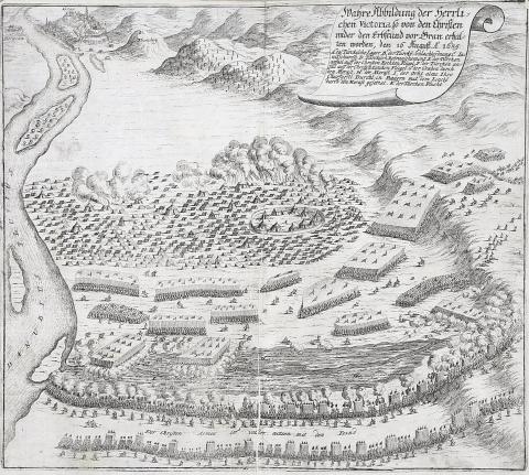 Esztergom látképe: Küsel, Melchior - Esztergom madártávlatból, Tál–Újfalu közti csata 1759 Frankfurt 