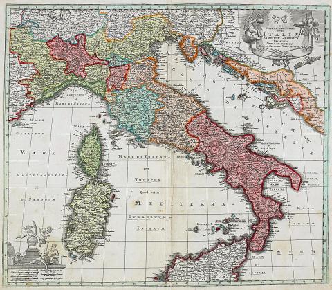 Seutter, Matthaus: Nova et Exactissima Totius Italiae Sardiniae et Corsicae... 1728 Augsburg Published by Matthaus Seutter, pressed by Homann Erben