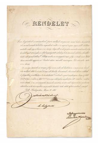 Meghívó levél az 1848-ik évi országgyűlésre István nádor és Szemere Bertalan belügyminiszter autográf aláírásával   