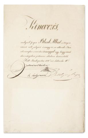 Bleszl Albert kinevezése, István nádor és Batthyány Lajos aláírásával  1848. július 10. Budapest(!) 