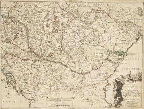 Fer, Nicolas de : Le theatre de la guerre sur les frontieres des deux empires depuis Vienne jusques à Constantinople ou se trouvent la Hongrie, la Transilvanie, la Valaquie, la Moldavie, l'Esclavonie, la Bosnie, la Servie, et la Bulgarie, la republique de Raguse, et partie de la Dalmatie de l'Albanie, et de la Romanie ... 1704 A Paris 