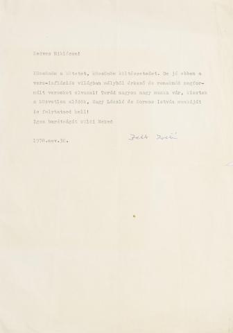 Zelk Zoltán levele Veress Miklóshoz 1978  
