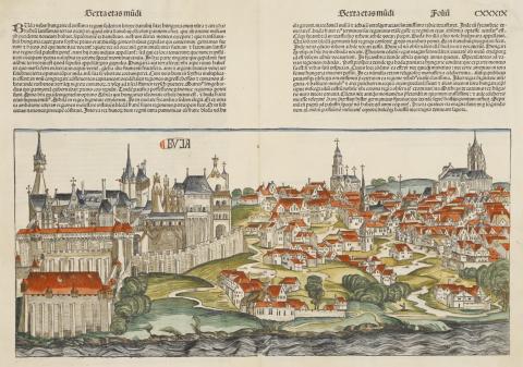 Schedel, Hartmann : Buda fametszetű, színezett látképe  1493 Nürnberg Anton Koberger