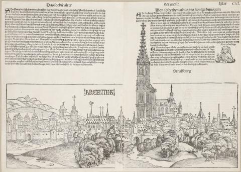 Schedel, Hartmann :  Strasbourg fametszetű látképe. Verso Buda nyugati oldal 1493 Nürnberg Anton Koberger