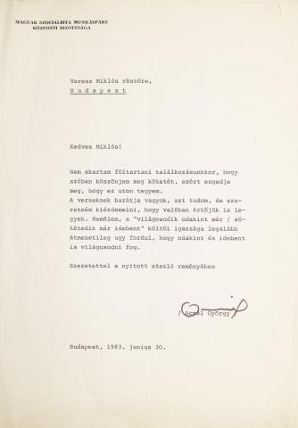 Aczél György levele Veress Miklóshoz  1983 Budapest 