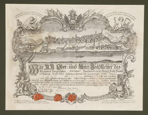 Buda látképe a budai szűcsök céhlevelén 1790  