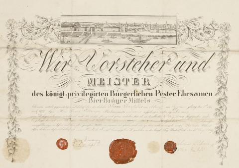 Szakmáry József: Pest kőnyomatú látképe sörfőző mesterlevélen 1839  