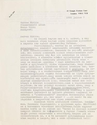 Czigány Lóránt levele Veress Sándornak  1980 London 