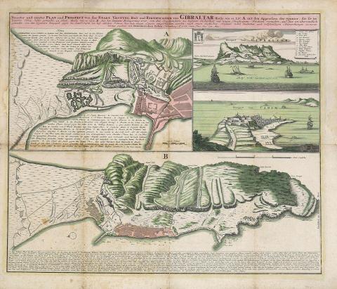 Homann, Johann Baptist: Neuester und exacter Plan und Prospect von der Stadt Vestung Bay und Fortification Von Gibraltar…1733 1733 Nuremberg 