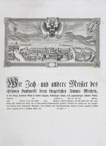 Kőszeg város látképe asztalos mesterlevélen. A nagyon kevés korai Kőszeg ábrázolás talán legszebb darabja 1808  