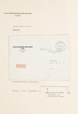 Losonczi Pál levele Veress Miklóshoz  1983 Budapest 