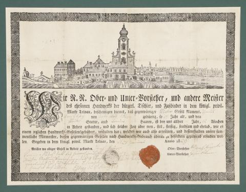 Tolna látképe: Tolna mezőváros asztalos-kádár céhlevélen 1829  