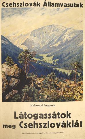 Csehszlovák Államvasutak reklámplakátja. Látogassátok meg Csehszlovákiát. Krkonoš hegység.   