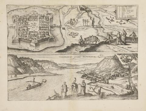 Érsekújvár, Visegrád, Nagymaros látképe : Braun, Georg - Hogenberg, Frans: Érsekújvár, Visegrád és Nagymaros látképe – Owar, Vizzegrad, Plindeburg  Köln, 1597 