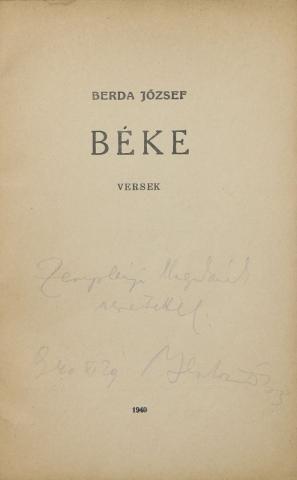 Berda József: Béke. Versek.  Újpest, 1940. Özv. Ritter Jenőné ny. 