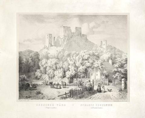 Csesznek látképe: Molnár József – Schloss Csesznek (im Wesprimer Comitat, Csesznek vára Veszprém megyében)  Bécs, 1857, Reiffenstein és Rösch  