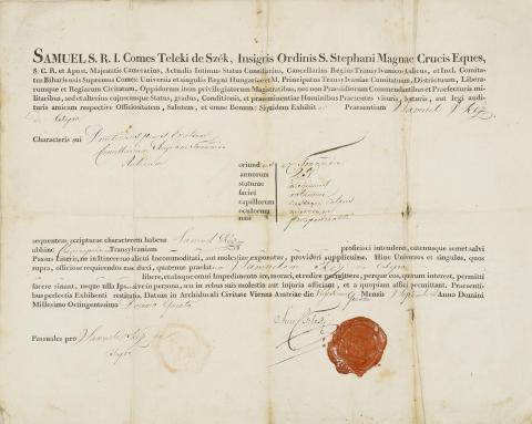 Teleki Sámuel által kiállított útlevél 1815 Bécs 