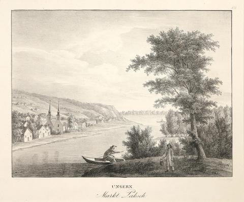 Paks látképe: Kunike, Adolph von - Paks távlati képe a Dunával  – Ungarn. Markt Paksch 1826 Bécs 