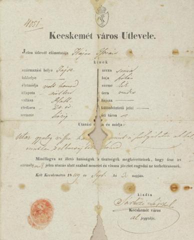 Kecskemét város útlevele. 1849.   