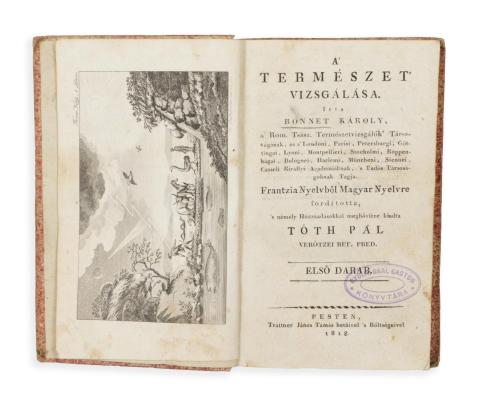 Bonnet, [Charles] Károly: : A’ természet’ vizsgálása. Frantzia Nyelvből Magyar Nyelvre fordította, s némely Hozzáadásokkal megbővítve kiadta Tóth Pál verőtzei ref. pred. I-III. kötet.  Pesten, 1818-19. Trattner János Tamás betűivel.  