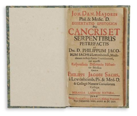Major, Johannes Daniel  - Sachs, Philippi Jacobi : Dissertatio epistolica de cancriset serpentibus petrefactis ... cui accessit responsoria dissertatio historico-medica ejusdem Philippi Jacobi Sachs...  1664 Jenae - Breslau, Johanis Nisii - Esaia Fellgiebeli 