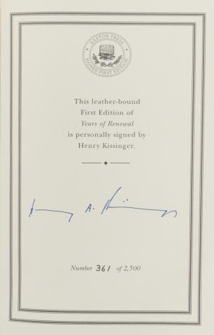Kissinger, Henry : Years of Renewal 1999 Norwalk 