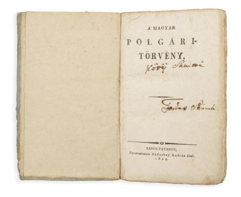 Kövy Sándor:  A magyar polgári-törvény  Sárospatakon, 1824. Nádaskay András. 
