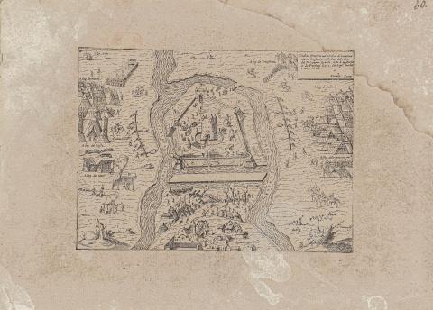 Tokaj látképe: Zenoi, Domenico - Tokaj 1565-ös ostroma – Tochai, fortezza nei confini di Transilvania et Ongheria  Velence, 1566 