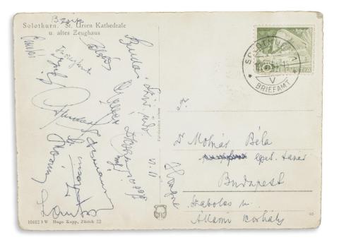 Az aranycsapat képeslapja Dr. Molnár Bélának 1954 Solothurn 