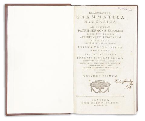 Révai, [Miklós János][ Nicolaus Ioannes: Elaboratior Grammatica Hungarica. I-III. kötet. 1806 Budapest, Matthiae Trattner 