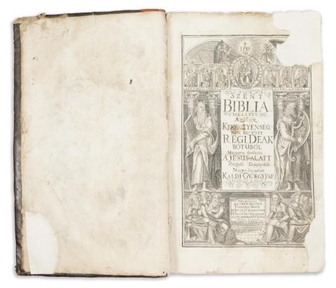 Szent Biblia, mellyet Az Egész Keresztyénségben bevött Régi Deák bötűböl Magyarra fordította a' Jésus-alatt Vitézkedö Társaság-béli Nagy-Szombati Káldi György Pap  Nagy-Szombatban,1732. Berger Leopold.  