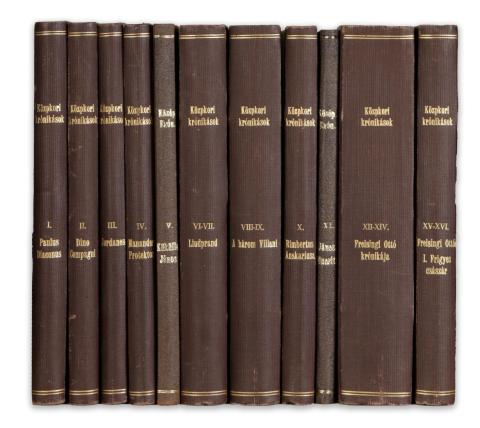 Középkori krónikások. Szerkeszti Gombos Ferenc Albin. I–XVI. [11 kötetben] Teljes sorozat.  Brassó - Budapest, 1901-1913. Brassó Lapok ny. -- Athenaeum ny. 