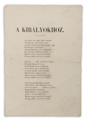 Petőfi Sándor: A királyokhoz (Röplap az 1848-as évekből)  [Pest, 1848.] Landerer és Heckenast. 