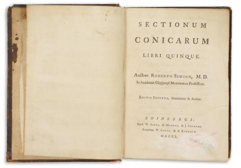 Simson, Roberto: Sectionum Conicarum Libre Quinque. Editio Secunda, Emendatior & Auctior.  Edinburgi, 1750. Apud W. Sands A. Murray & J. Cochran. Sumptibus W. Sands & A. Kincaid. 