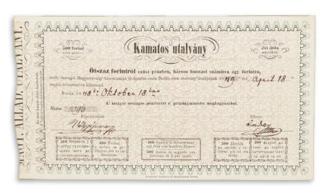Kamatos Utalvány ötszáz forintról ezüst pénzben, három huszast számítva egy forintra 1848 Pest, Landerer és Heckenast 
