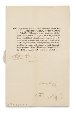 A Királyi Könyvbíráló Főhivatal cenzori utasítása Markó Albert váci királyi könyvbírálónak 1845 Budán 