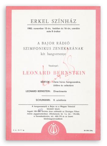  Leonard Bernstein karmester aláírása műsorajánlón  Budapest, 1983. Dorogi ny. 