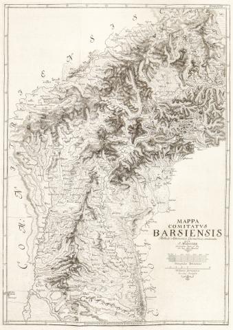 Mikoviny, Samuel: Mappa Comitatus Barsiensis Methodo astronomico-geometrica Concinnata...Bars vármegye rézmetszet 1737 Viennae 