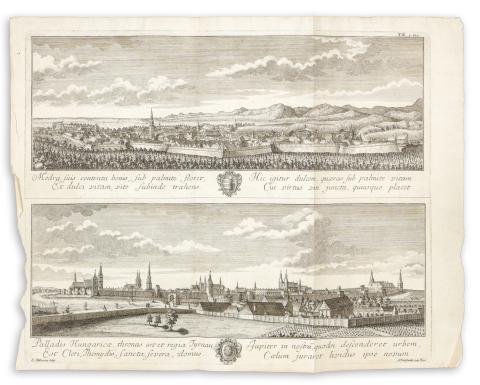 Mikoviny Sámuel: Modor és Nagyszombat rézmetszetű látképe   
