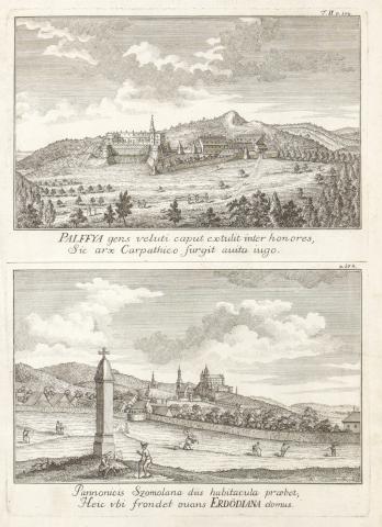 Vöröskő és Szomolány látképe: Mikoviny Sámuel - Vöröskő és Szomolány rézmetszetű látképe egy lapon   