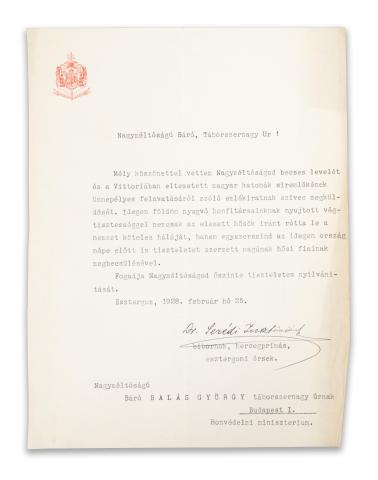 Serédi Jusztinián bíboros aláírással ellátott levele báró Balás György táborszernagyhoz  1928 Budapest 