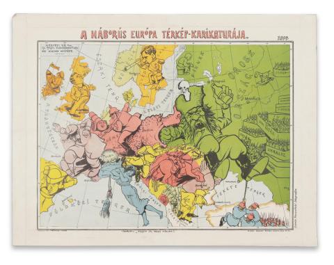 A háborús Európa térkép-karikatúrája. [színes lithográfia] 1914 Budapest, Rosenthal ny. 