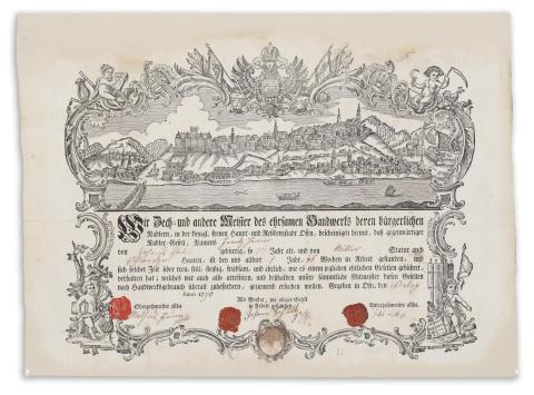 Buda fametszetű látképe a tűkészítők céhlevélen   