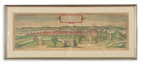 Braun, Georg - Hogenberg, Frans: Buda vulgo Ofen prima & regia Ungarici regni civitas, ad Danubium...[színezett rézmetszet] 1572 Köln 